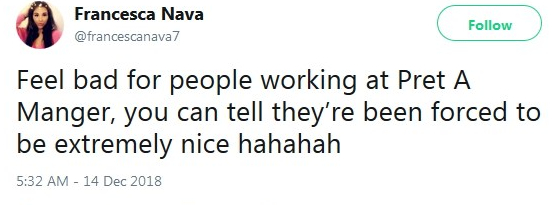 2018-12-14 Customer recognizes forced friendliness happiness